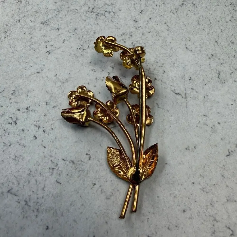 Vintage Austrian Hand Painted 60s Floral Bouquet Brooch Crystal